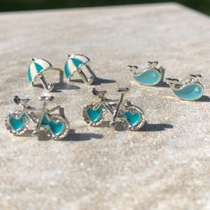 Rainy Day Baby Blue Earring Set Heart Bicycles Whale Umbrella